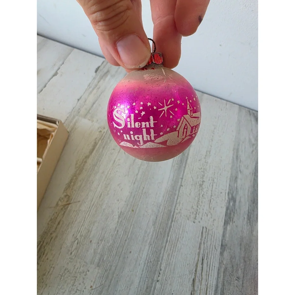 Vintage shiny brite silent night unsilvered stencil pink ombre ornament church